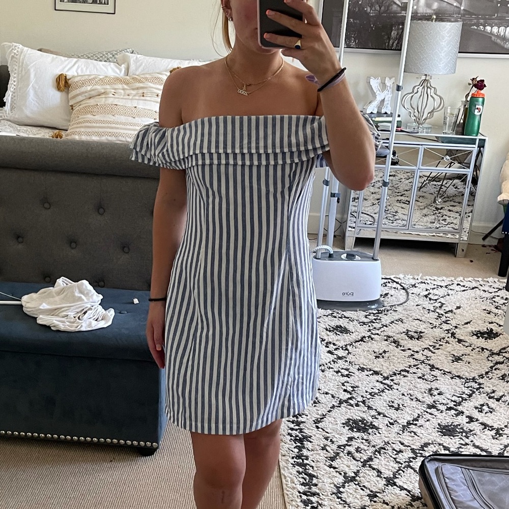 LULU’s off shoulder dress blue and white stripe